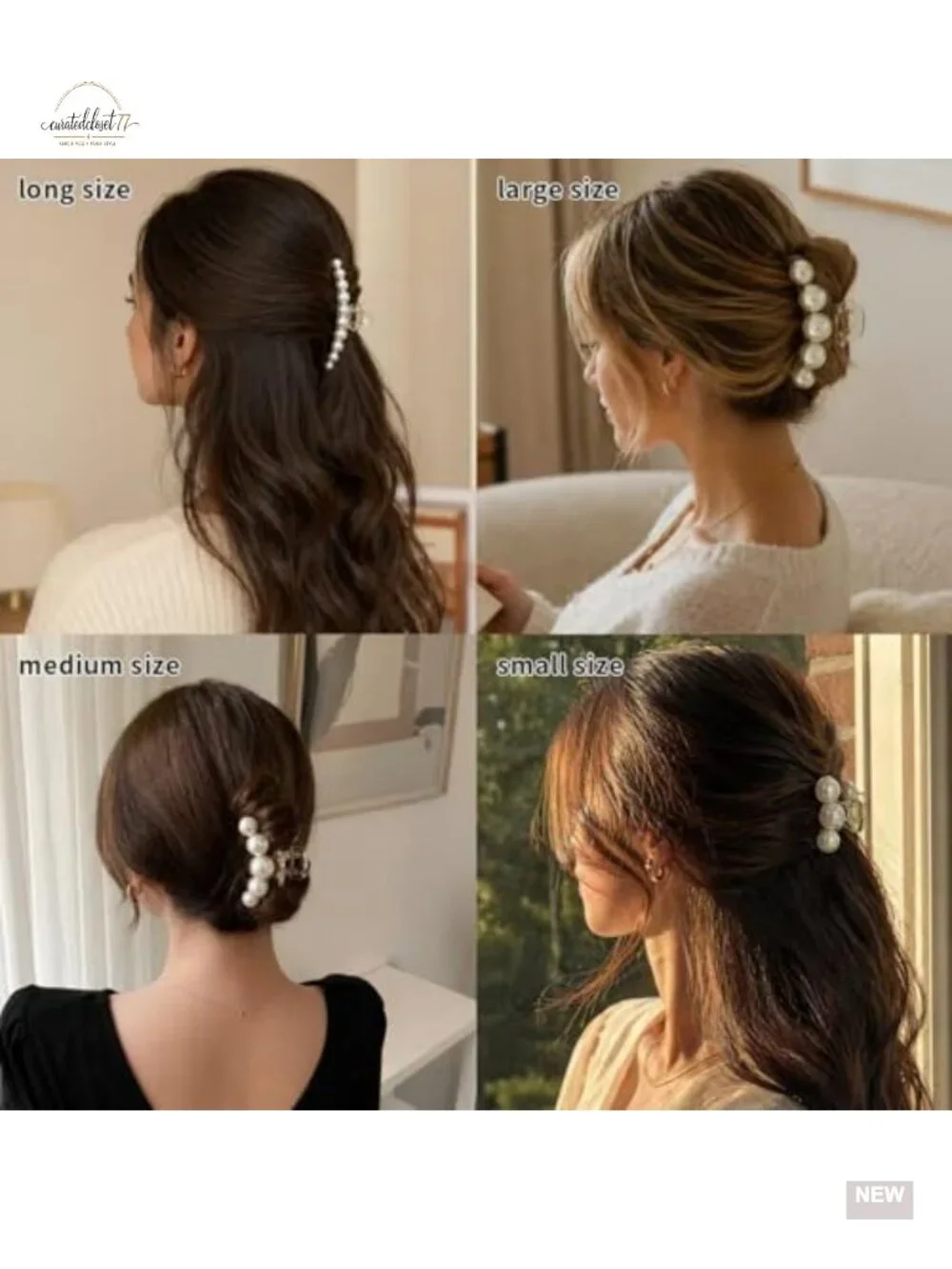 4 Pack Faux Pearl Hair Claw Clips, 4 Sizes Strong Hold Jaw Clips for Thick or
